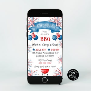 May include: A smartphone displays a digital invitation for a 4th of July BBQ. The design features red, white, and blue fireworks, balloons, and a banner. The invitation includes the date, time, location, and RSVP information.