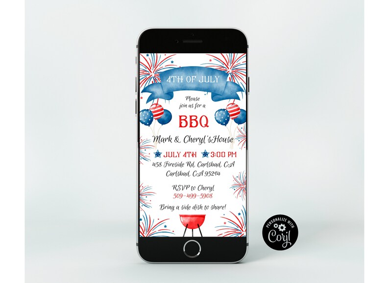 May include: A smartphone displays a digital invitation for a 4th of July BBQ. The design features red, white, and blue fireworks, balloons, and a banner. The invitation includes the date, time, location, and RSVP information.