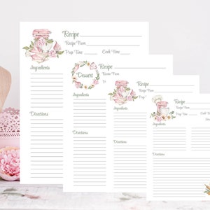 May include: Four printable recipe cards with a pink and green floral design. Each card has a space for the recipe name, recipe from, prep time, cook time, ingredients, and directions.