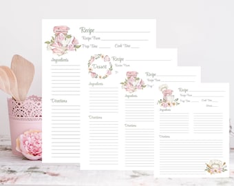 Könnte beinhalten: Vier druckbare Rezeptkarten mit einem rosa-grünen Blumendesign. Jede Karte hat Platz für den Rezeptnamen, die Quelle des Rezepts, die Vorbereitungszeit, die Kochzeit, die Zutaten und die Anweisungen.