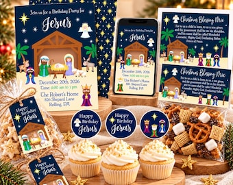 May include: A birthday party set for Jesus featuring a dark blue invitation, a smartphone displaying the same design, two Christmas Blessing Mix bags, three cupcakes with circular toppers, and gift tags, all decorated with nativity scenes.