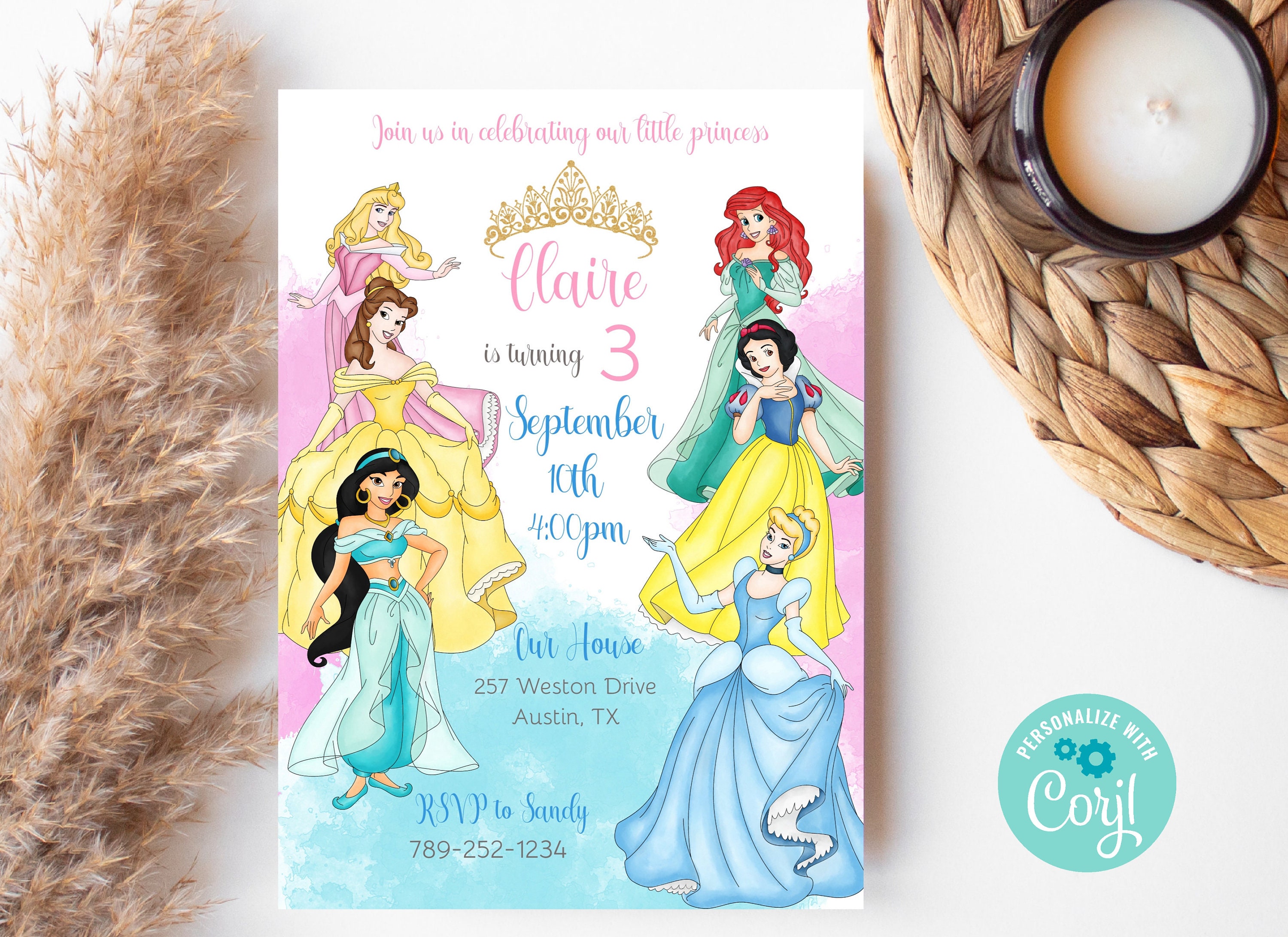 Disney Princess 3rd Birthday Invitation Girl's 3rd - Etsy