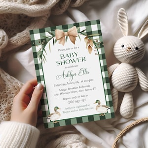 Mallard Duck Small-bundel met uitnodigingssjablonen bevat; Uitnodiging, sms-uitnodiging voor mobiele telefoon, verlotingskaart voor boeken voor baby's en luiers.