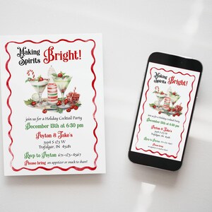 May include: A rectangular invitation card and a smartphone displaying the same design. The invitation features a red wavy border, watercolor illustrations of holiday cocktails, and text reading Making Spirits Bright! for a cocktail party.
