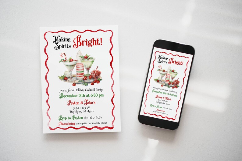 May include: A rectangular invitation card and a smartphone displaying the same design. The invitation features a red wavy border, watercolor illustrations of holiday cocktails, and text reading Making Spirits Bright! for a cocktail party.
