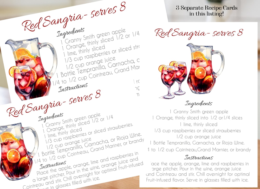 Red Sangria Recipe Card 3 Different Designed Recipe Drink Cards Each 5 ...