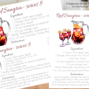 Scheda ricetta Sangria Rossa 3 schede ricetta per drink dal design diverso, ciascuna da 5" x 3" e 6" x 4" con scheda ricetta cocktail da 5" x 7".