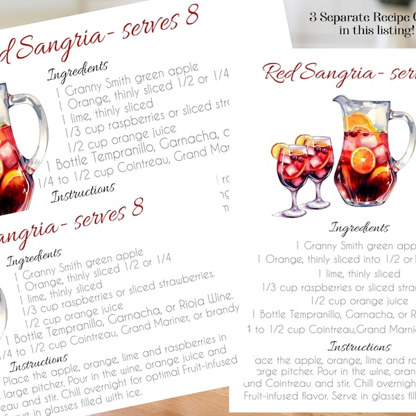 Red Sangria Recipe Card 3 different designed recipe drink cards each 5" x 3", and 6" x 4" with 5 " x 7" Cocktail Recipe Card.