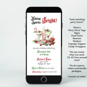 May include: A smartphone displaying a holiday cocktail party invitation with the text Making Spirits Bright, featuring illustrations of two cocktails, a candy cane, and cranberries, with event details for December 13th at 6:30 pm for Peyton & Jako.