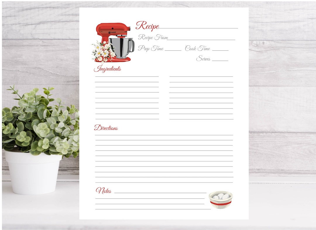 Red Mixer Recipe Card: Full Page & 4x6 Printable (digital Download) - Etsy