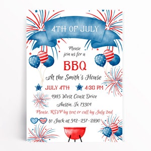 May include: A patriotic invitation for a 4th of July BBQ, featuring red, white, and blue fireworks, balloons, and a banner that reads "4th of July." The invitation includes the event details: date, time, and location.