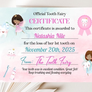 Tandenfee-certificaat bewerkbare digitale download, multiculturele tandenfee-certificaat en ontvangstbewijs bewerkbaar.