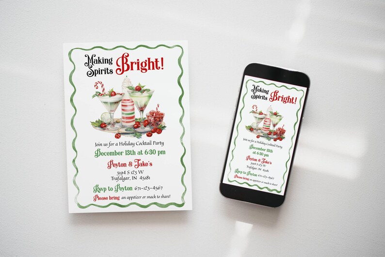 May include: A rectangular holiday cocktail party invitation and a smartphone displaying the same invitation. Both feature a green wavy border, watercolor illustrations of cocktails, and the text Making Spirits Bright! in red and black.