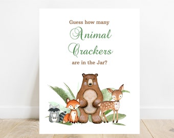 Guess How Many Animal Cracker Game Sign Woodland  Baby Shower Game Printable Instant download