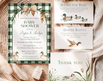 Op de afbeelding: Babydouche-uitnodiging en kaarten met een rustiek thema. De uitnodiging heeft een groen-witte geruite rand, een strik en de tekst "Baby Shower" en de namen "Peyton & Rodger". Extra kaarten zijn "Boeken voor baby", "Luierloterij" en "Bedankt!"