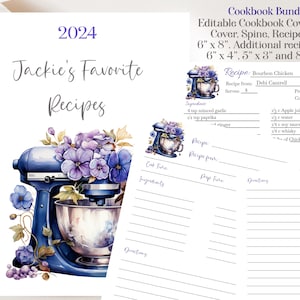 Cook Book Cover Purple Kitchen Aid Mixer, Personalized Cook Book Cover, Back Cover and Spine plus 2 recipe cards instant download.