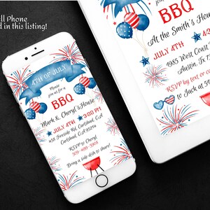 May include: A digital invitation for a 4th of July BBQ, displayed on a smartphone and tablet. The design features red, white, and blue fireworks, balloons, and a banner that reads "4th of July BBQ". Includes event details.