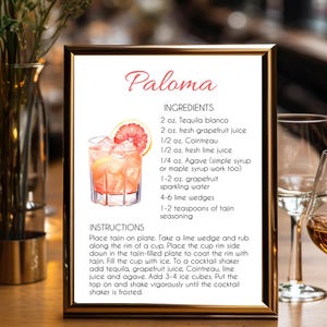 Ricetta del cocktail Paloma / Scheda ricetta Paloma Download e stampa immediata / Segno del drink al pompelmo Paloma