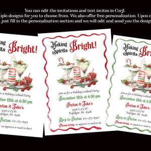 May include: Three rectangular holiday cocktail party invitations featuring the text Making Spirits Bright! and illustrations of martini glasses with garnishes. The invitations include event details for December 13th at 6:30 pm for Peyton & Jake's.