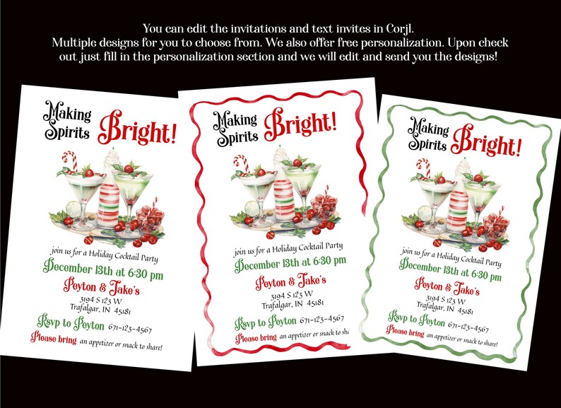 May include: Three rectangular holiday cocktail party invitations featuring the text Making Spirits Bright! and illustrations of martini glasses with garnishes. The invitations include event details for December 13th at 6:30 pm for Peyton & Jake's.