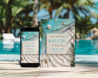 Strand Thema Save the Date Hochzeitseinladung: Bearbeitbare Vorlage (Digitaler Download)