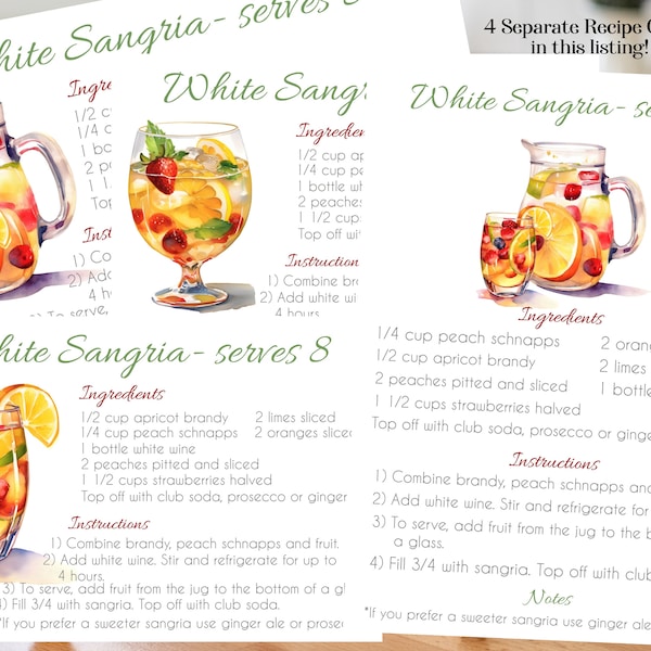 White Sangria Recipe Card 3 different designed recipe drink cards each 5" x 3", and 6" x 4" with 5 " x 7" Cocktail Recipe Card