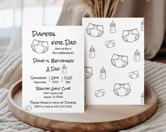 Paquete de invitaciones para baby shower de papá: Tema de papá y pañales (descarga digital editable para hacer tú mismo)