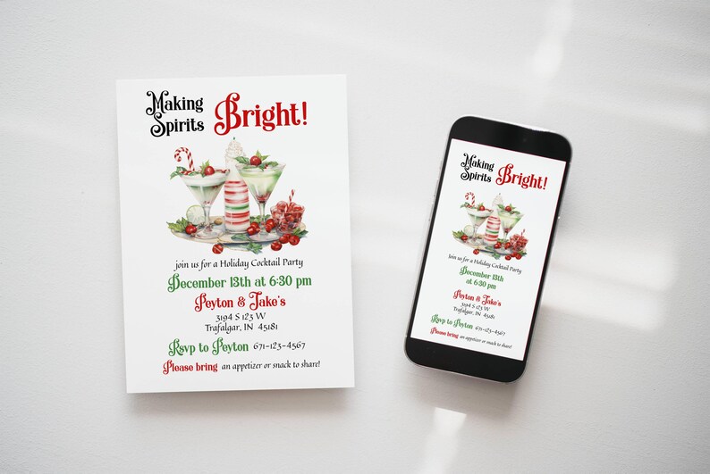 May include: A white rectangular invitation card and a black smartphone displaying the same invitation design. The design features the text Making Spirits Bright! above watercolor illustrations of holiday cocktails, berries, and a candy cane.