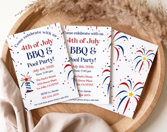 4th of July BBQ Pool Party Invitation Template (Digital Download 5x7" Corjl DIY