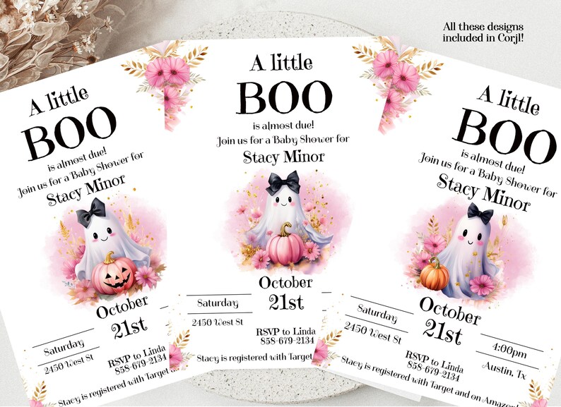 May include: Three pink and white baby shower invitations with a ghost and pumpkin illustration. The text on the invitations reads "A little BOO is almost due! Join us for a Baby Shower for Stacy Minor. Saturday, October 21st, 2450 West St. RSVP to Linda 858-679-2134. Stacy is registered with Target."