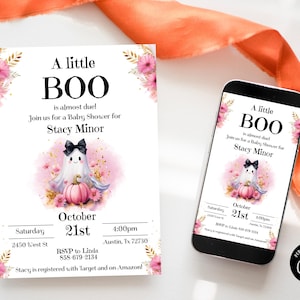 May include: A pink and gold baby shower invitation with a ghost holding a pumpkin. The invitation says "A little BOO is almost due! Join us for a Baby Shower for Stacy Minor. Saturday, October 21st, 4:00pm, 2450 lcest St, Austin, Tx 72730. RSVP to Linda 858-679-2134. Stacy is registered with Target and on Amazon!"