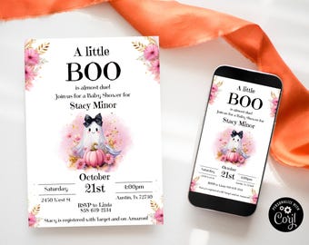 Puede incluir: Una invitación de baby shower rosa y dorada con un fantasma sosteniendo una calabaza. La invitación dice "¡Un pequeño BOO está casi aquí! Únase a nosotros para una Baby Shower para Stacy Minor. Sábado 21 de octubre, 4:00 pm, 2450 lcest St, Austin, Tx 72730. RSVP a Linda 858-679-2134. Stacy está registrada con Target y en Amazon!"