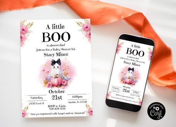 Halloween Baby Shower Invitation: "A Little Boo is Almost Due" (Digital Download, Editable Template)
