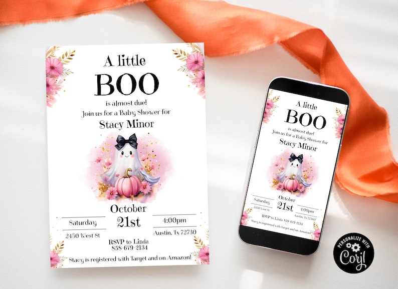 May include: A pink and gold baby shower invitation with a ghost holding a pumpkin. The invitation says "A little BOO is almost due! Join us for a Baby Shower for Stacy Minor. Saturday, October 21st, 4:00pm, 2450 lcest St, Austin, Tx 72730. RSVP to Linda 858-679-2134. Stacy is registered with Target and on Amazon!"