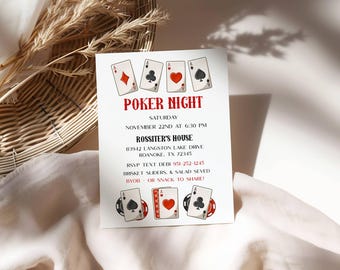 May include: A white invitation card with the text "POKER NIGHT" in red. The card features playing cards with the suits of diamonds, clubs, hearts, and spades. The card also includes event details such as the date, time, and location.