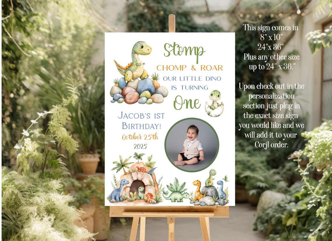 Dinosaur 1st Birthday Sign: Stomp, Chomp & Roar - Editable DIY (digital ...
