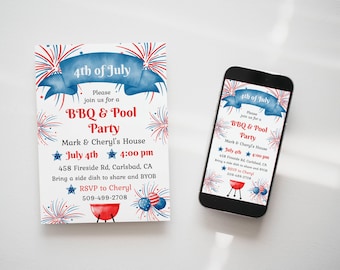 4th of July BBQ Pool Party Invite: Corjl Template (Digital Download)