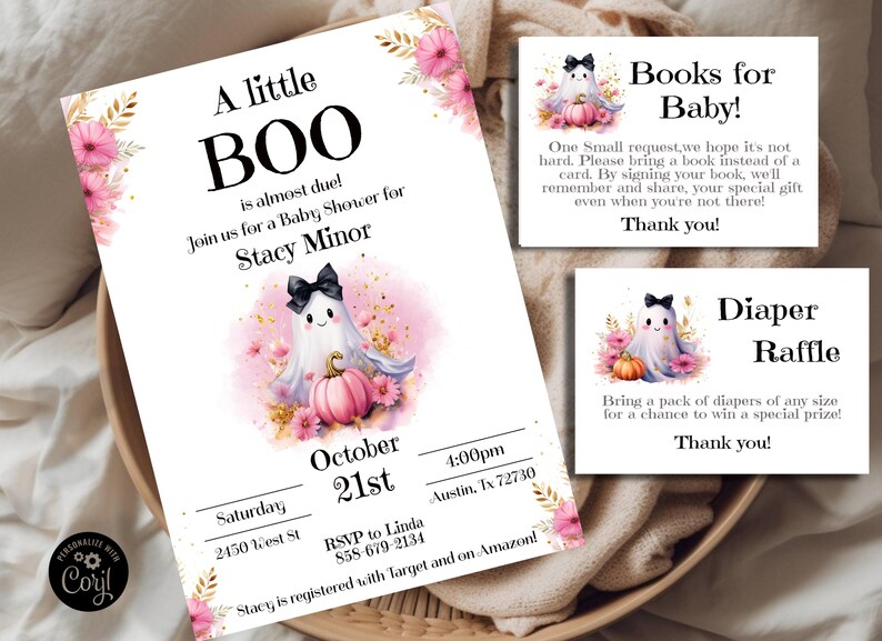 May include: A pink and gold baby shower invitation with a cute ghost illustration holding a pumpkin. The invitation says "A little BOO is almost due!" and includes the date, time, and location of the shower. It also includes the name of the guest of honor, Stacy Minor, and a request for guests to bring a book instead of a card.