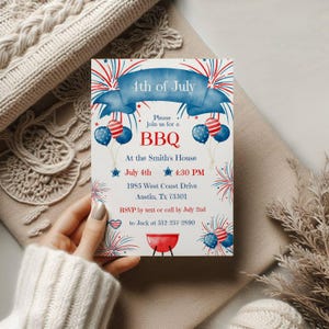 May include: A patriotic 4th of July BBQ invitation with red, white, and blue watercolor elements. The invitation includes text that reads "4th of July BBQ" with event details, including the date, time, and location in Austin, TX.