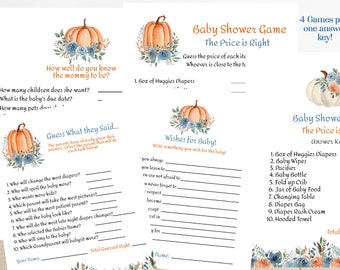 May include: A printable baby shower game with a pumpkin theme. The game is called "The Price is Right" and asks guests to guess the price of various baby items. The game includes a separate answer key.