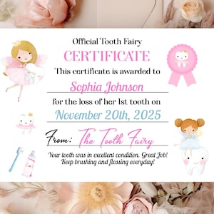 Téléchargement numérique modifiable du certificat de la fée des dents, personnalisation du certificat de la fée des dents et options personnalisées disponibles !