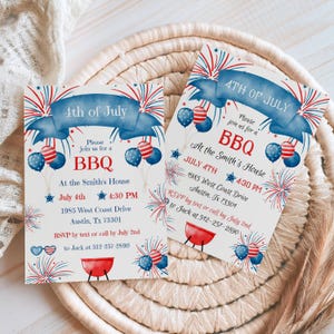May include: Two invitations for a 4th of July BBQ. Each card features a blue banner with "4th of July" text, red and blue fireworks, and balloons. The cards include event details: date, time, and location.