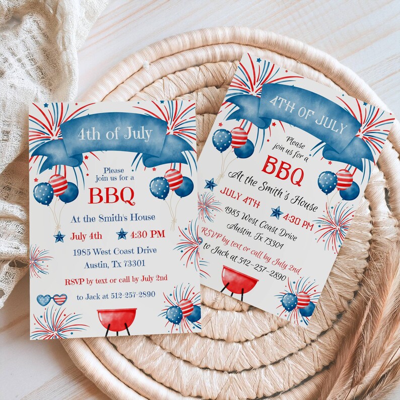 May include: Two invitations for a 4th of July BBQ. Each card features a blue banner with "4th of July" text, red and blue fireworks, and balloons. The cards include event details: date, time, and location.