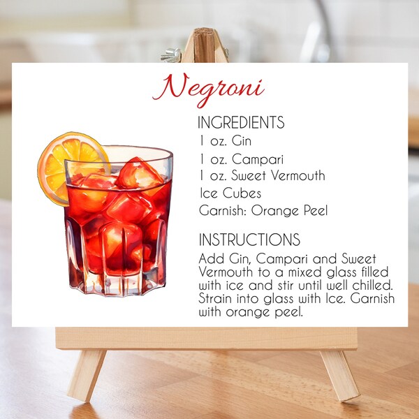 Negroni Mix Drink Recipe Card 3 different designed recipe drink cards each 5" x 3", and 6" x 4" with 5 " x 7" Cocktail Recipe Card