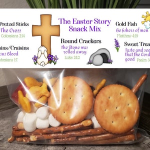 May include: A clear plastic bag filled with a variety of snacks, including pretzels, crackers, goldfish crackers, and marshmallows. The bag is labelled "The Easter Story Snack Mix" and includes bible verses related to the Easter story.