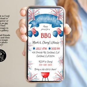 May include: A smartphone displays a 4th of July BBQ invitation. The design features red, white, and blue fireworks, balloons, and a banner. Text includes "4th of July," "BBQ," and event details. The invitation is editable in Corjl.