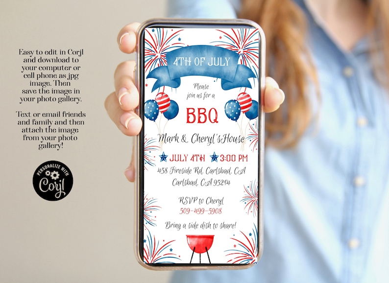 May include: A smartphone displays a 4th of July BBQ invitation. The design features red, white, and blue fireworks, balloons, and a banner. Text includes "4th of July," "BBQ," and event details. The invitation is editable in Corjl.