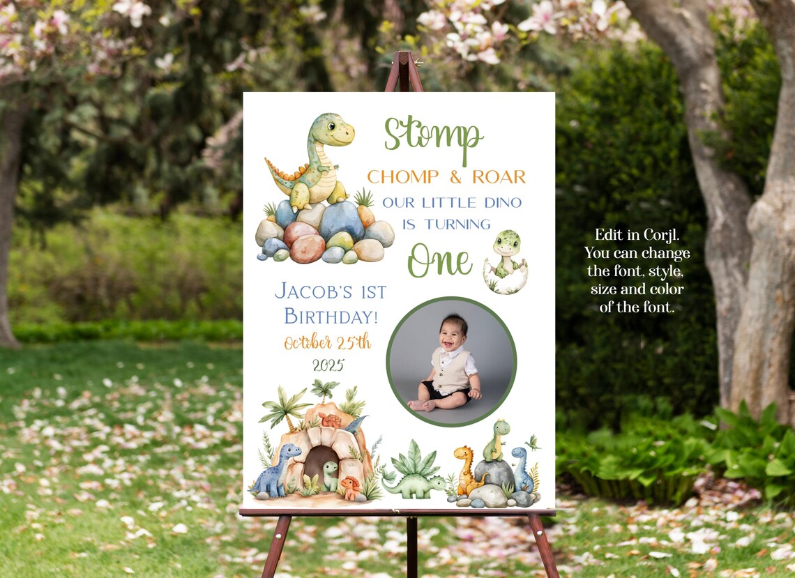 Dinosaur 1st Birthday Sign: Stomp, Chomp & Roar - Editable DIY (digital ...