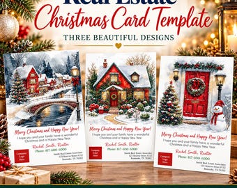 May include: A digital template for three real estate Christmas cards featuring watercolor illustrations of snowy houses, a red door with a wreath, and a snowman. The text includes Real Estate Christmas Card Template and Merry Christmas.