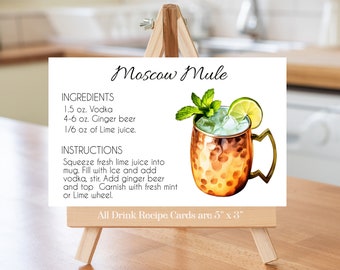 Moscow Mule Recipe Card 5 different designed cards Instant Digital Download after purchase, give this Cocktail Recipe Card as a Gift.